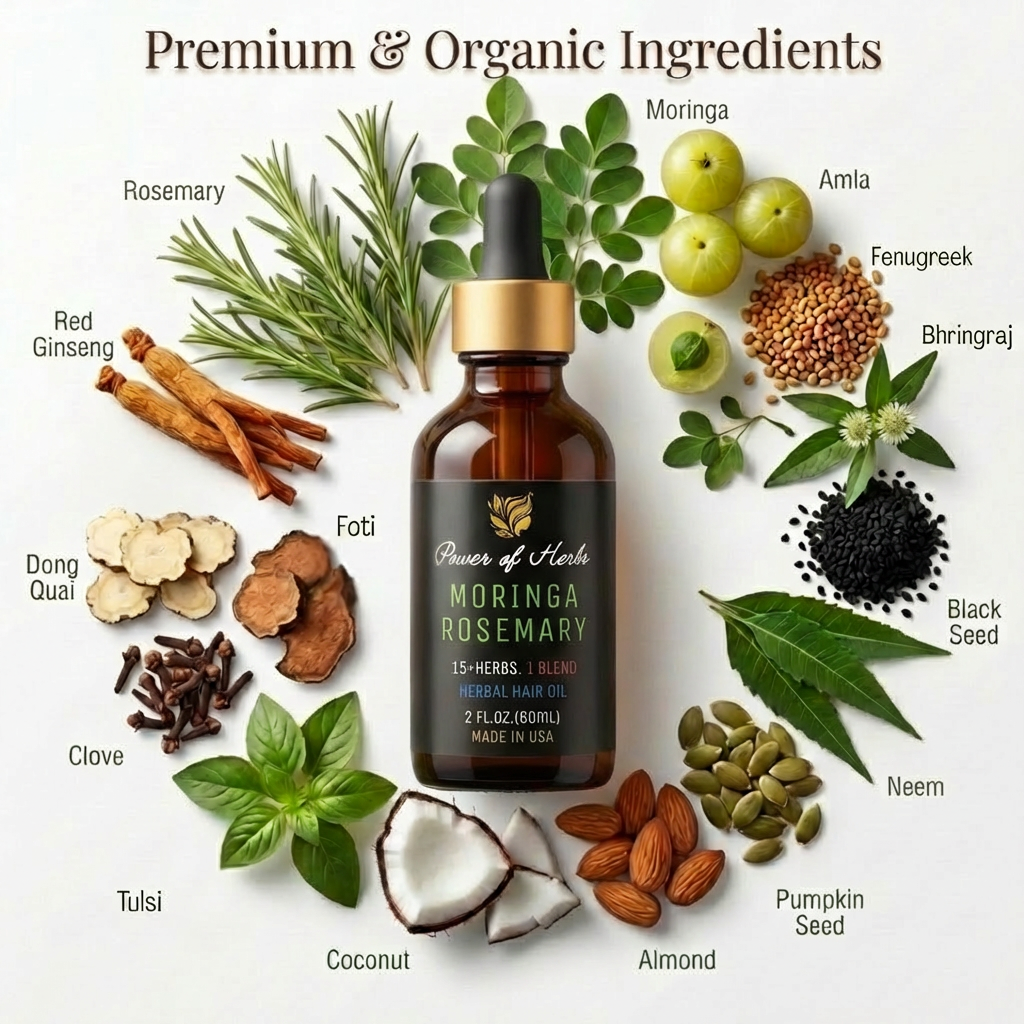 Moringa Rosemary Herbal Hair Oil with Pumpkin Seed, Amla & 15+ Herbs - Made in USA (2 oz)